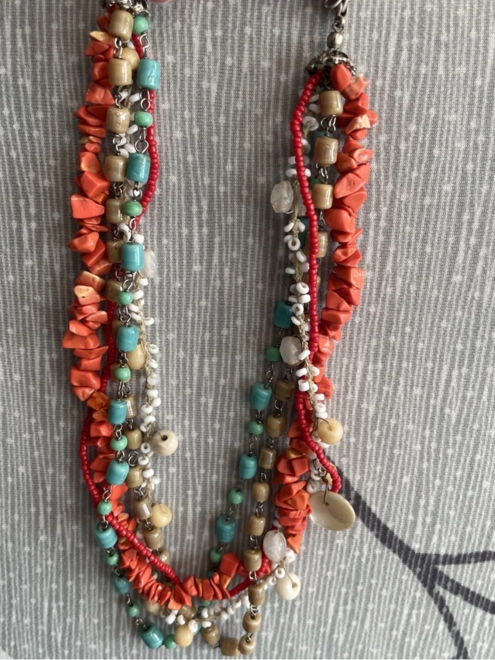 Boho Multi Strand Coral Color Shell Wood Turquoise Bead Statement Necklace 22”
